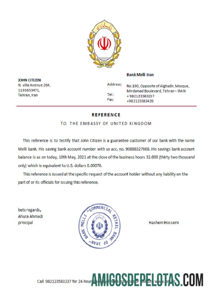 Referência do Banco Irã Melli exemplo